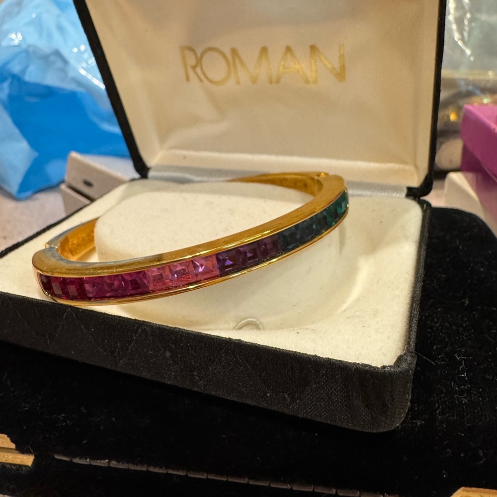 Vintage Roman Multi-Color Gold-Tone Bangle Bracelet with Box